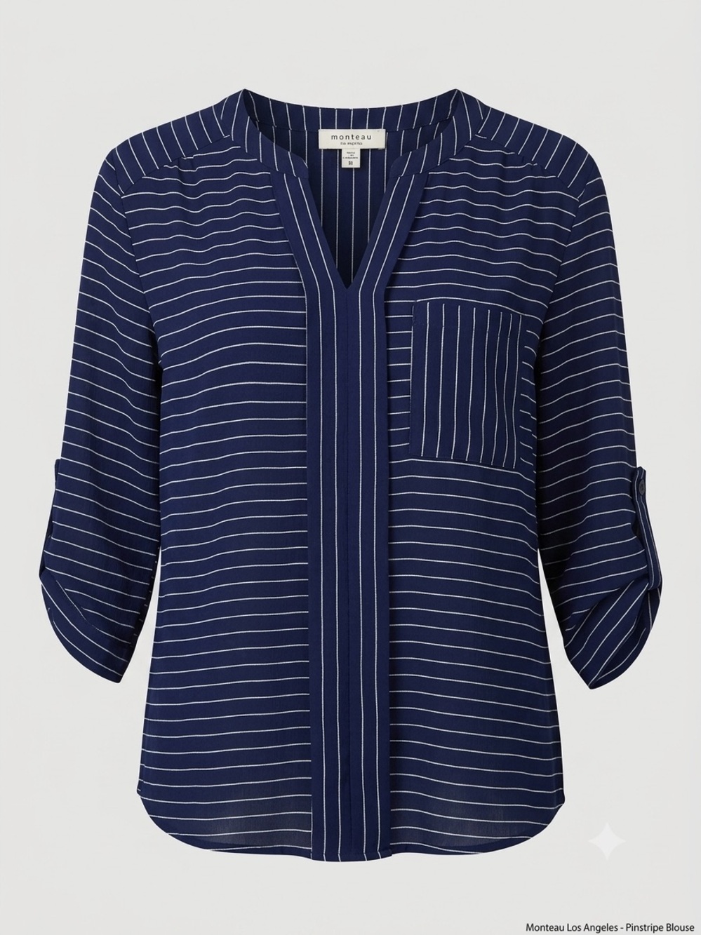 Monteau Navy and White Pinstripe V-Neck Blouse
